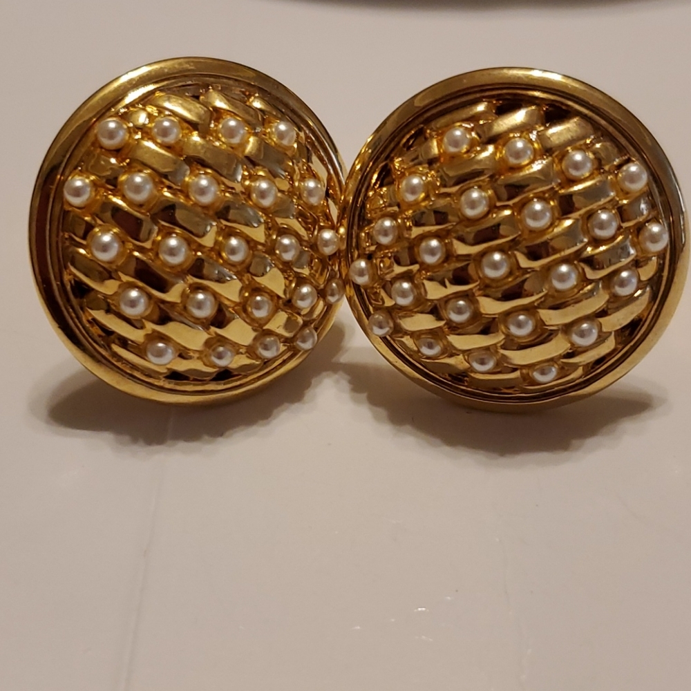 Pearl and gold finish Clip basketweave earrings